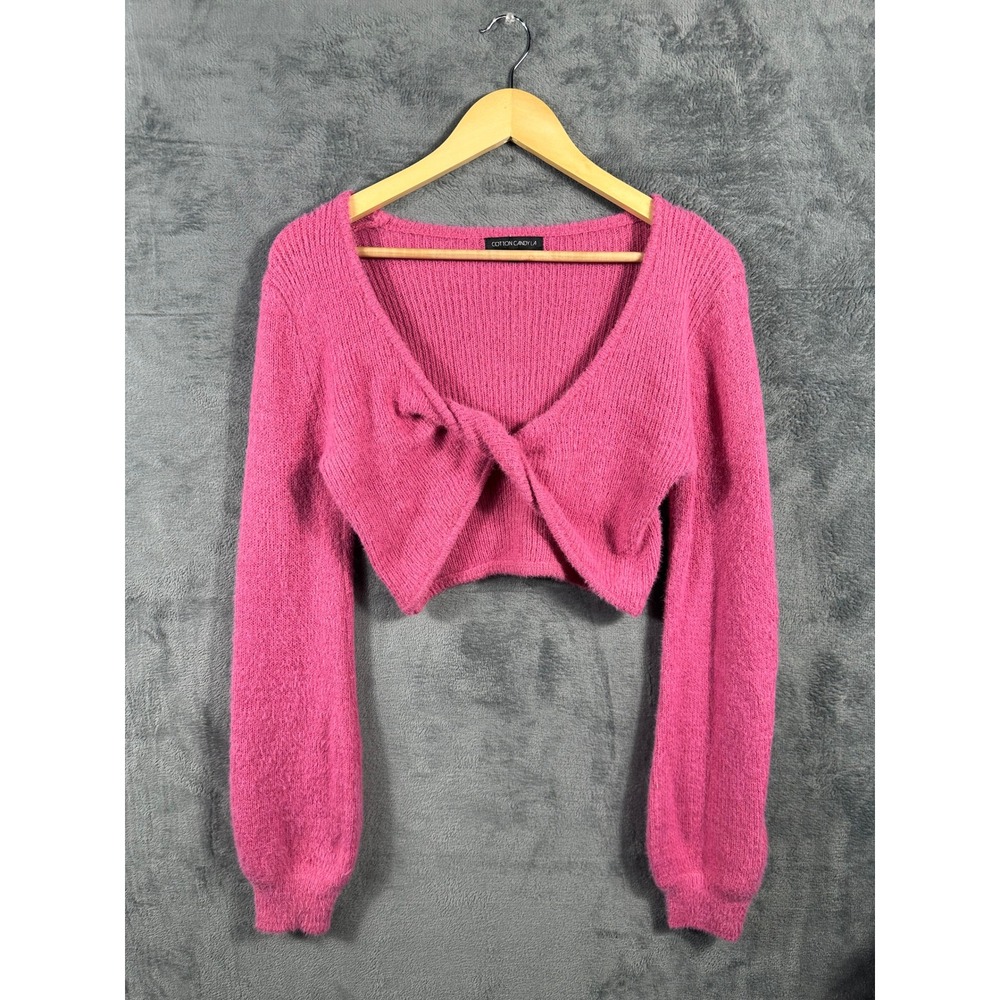 Cotton Candy LA Hot Pink Twist Front Cropped Ribbed Knit Sweater Medium
